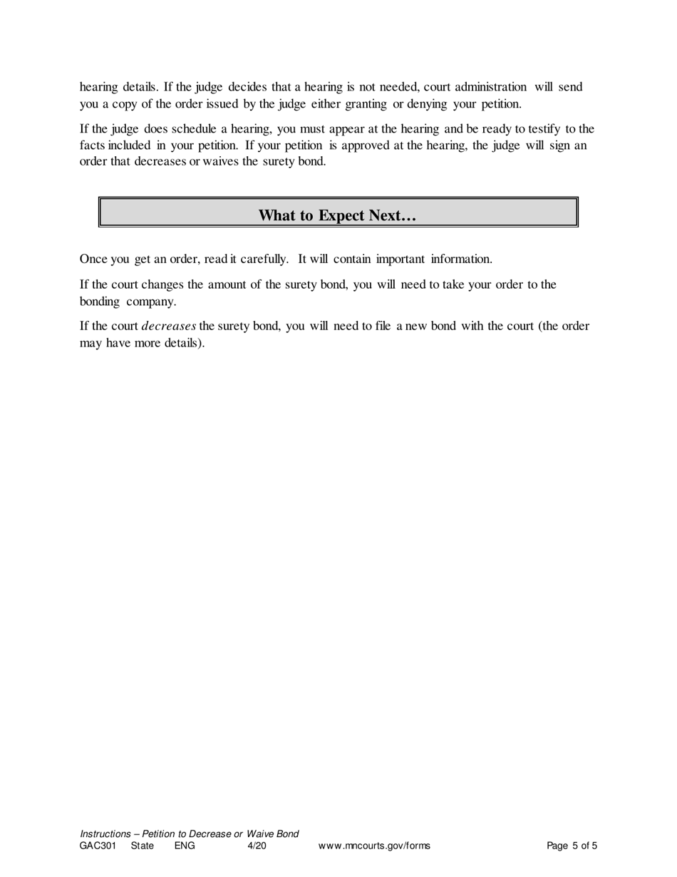 Form GAC301 Instructions - Petition to Decrease or Waive Surety Bond - Minnesota, Page 5