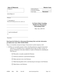 Form HAR802 Order Granting Petition for Ex Parte Harassment Restraining Order - Minnesota