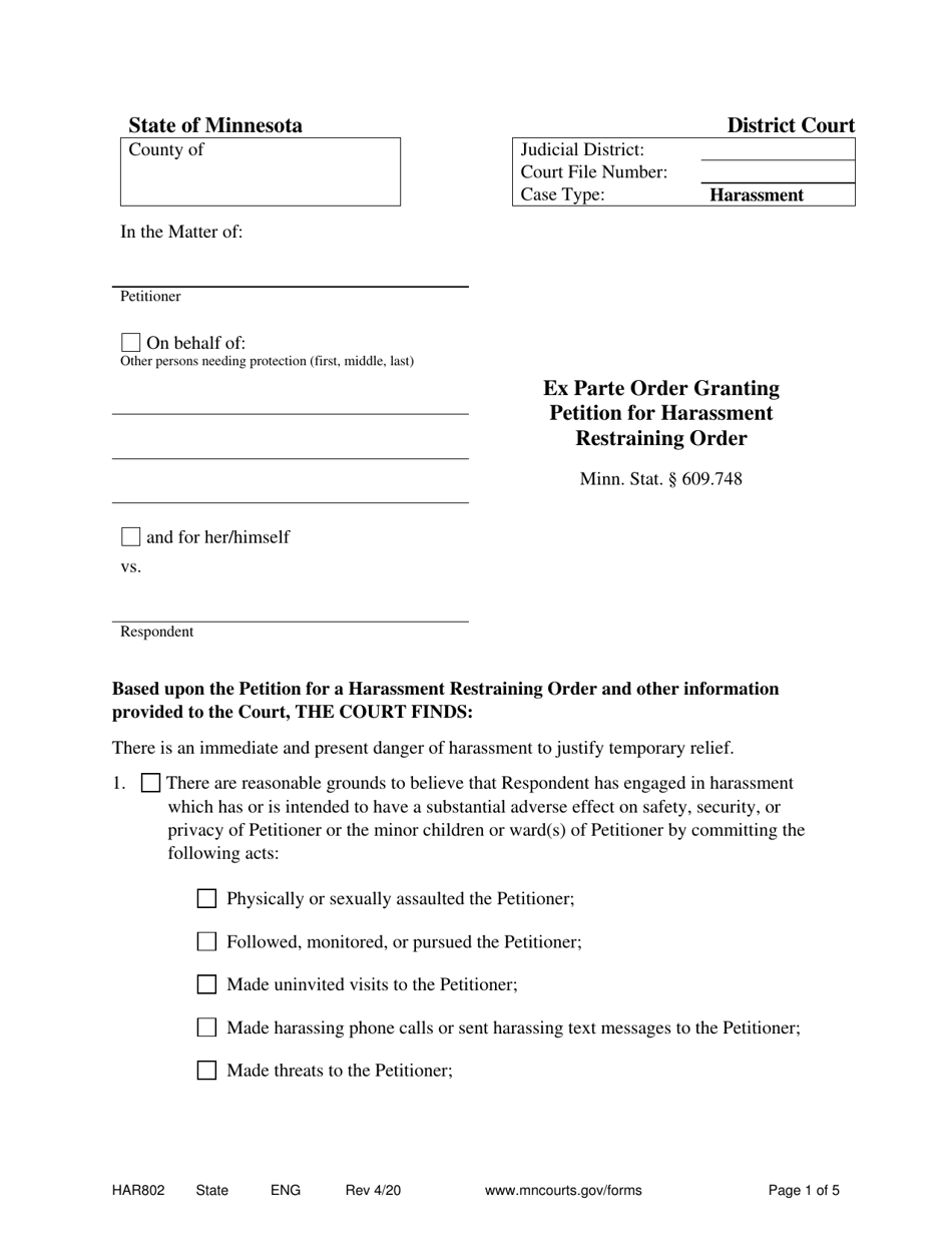 Form HAR802 Order Granting Petition for Ex Parte Harassment Restraining Order - Minnesota, Page 1