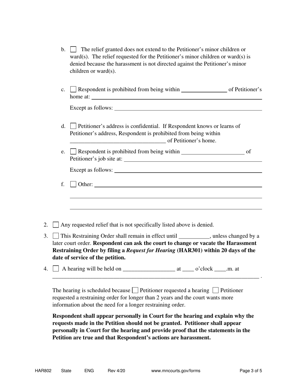 Form HAR802 Order Granting Petition for Ex Parte Harassment Restraining Order - Minnesota, Page 3