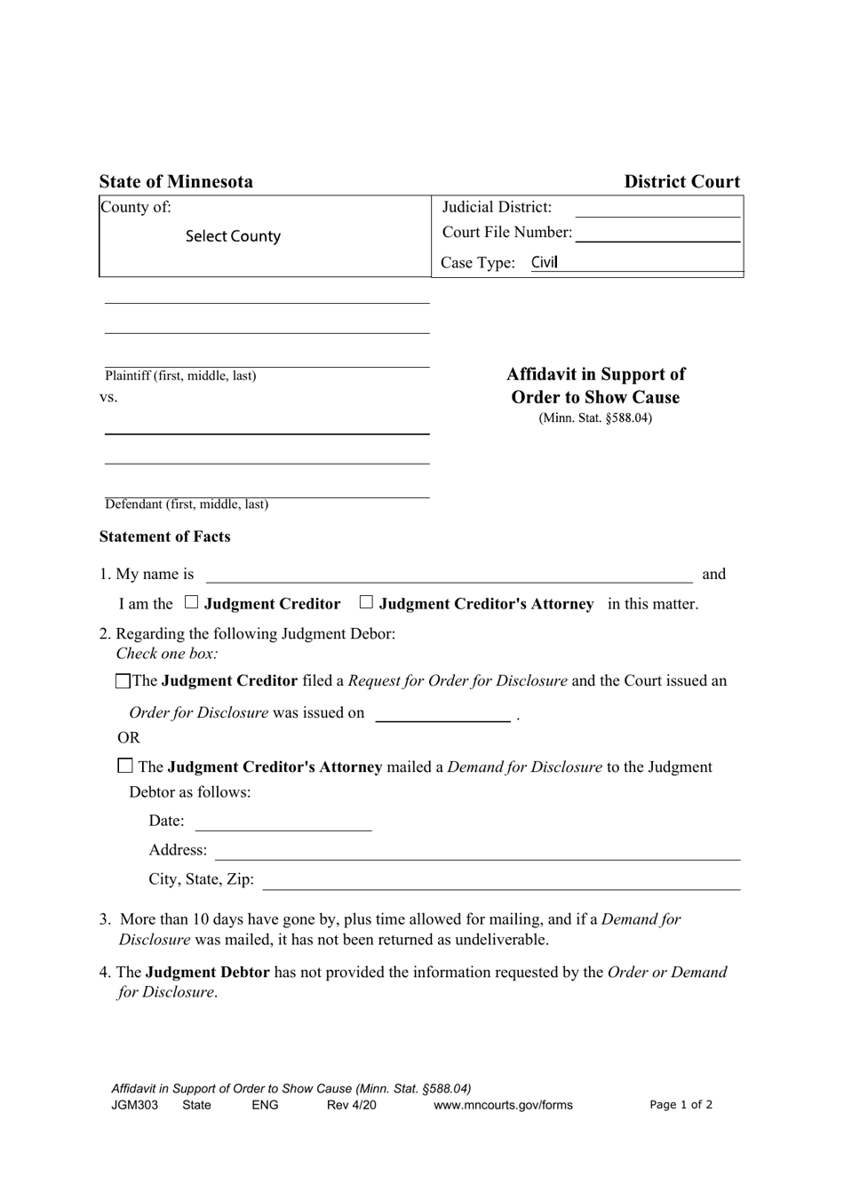 Form JGM303 Affidavit in Support of Order to Show Cause - Minnesota, Page 1