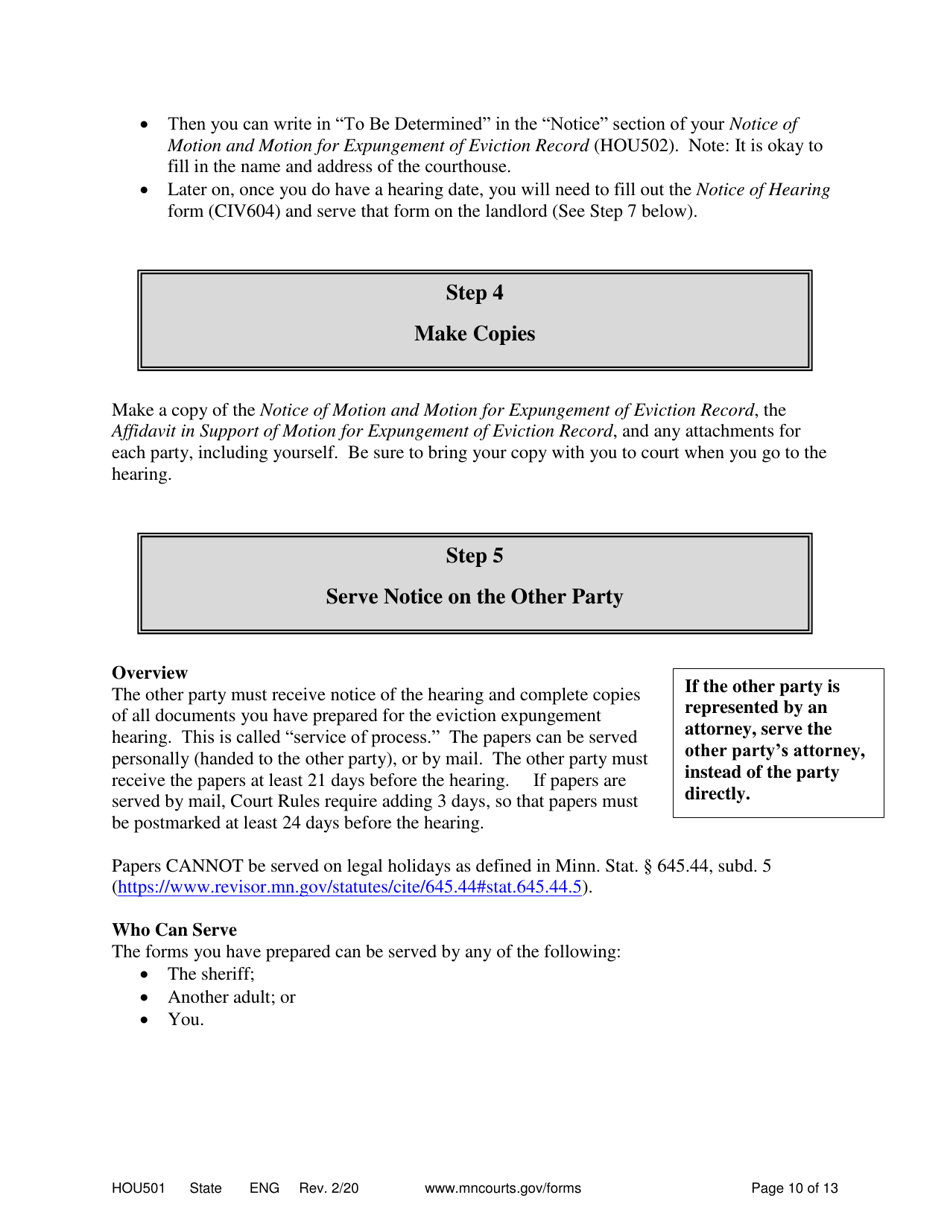 Form HOU501 Instructions - Expungement of Eviction Record - Minnesota, Page 10