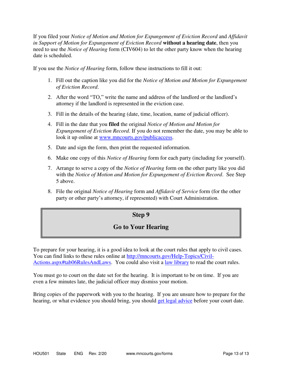 Form HOU501 Instructions - Expungement of Eviction Record - Minnesota, Page 13