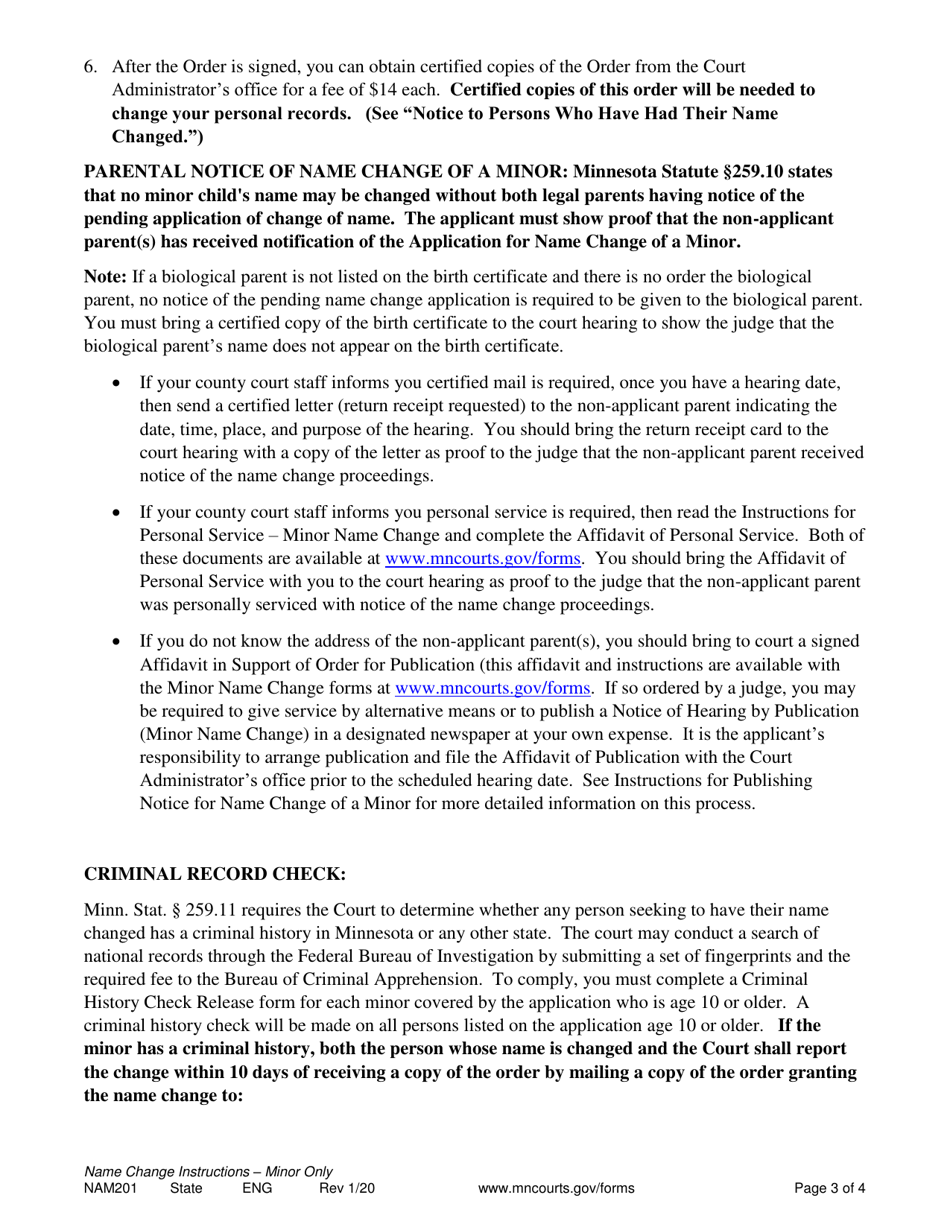Form NAM201 Instructions - Minor Name Change - Minnesota, Page 3