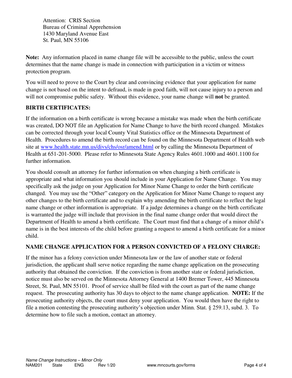 Form NAM201 Instructions - Minor Name Change - Minnesota, Page 4