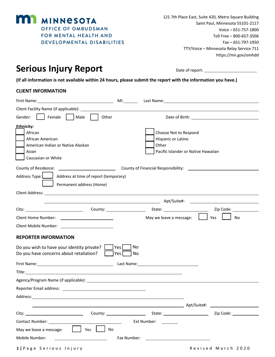 Minnesota Serious Injury Report Download Fillable PDF Templateroller