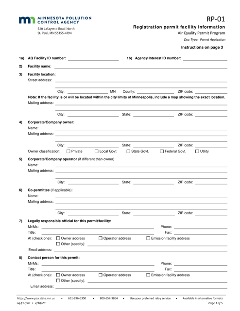 Form RP-01 Registration Permit Facility Information - Minnesota