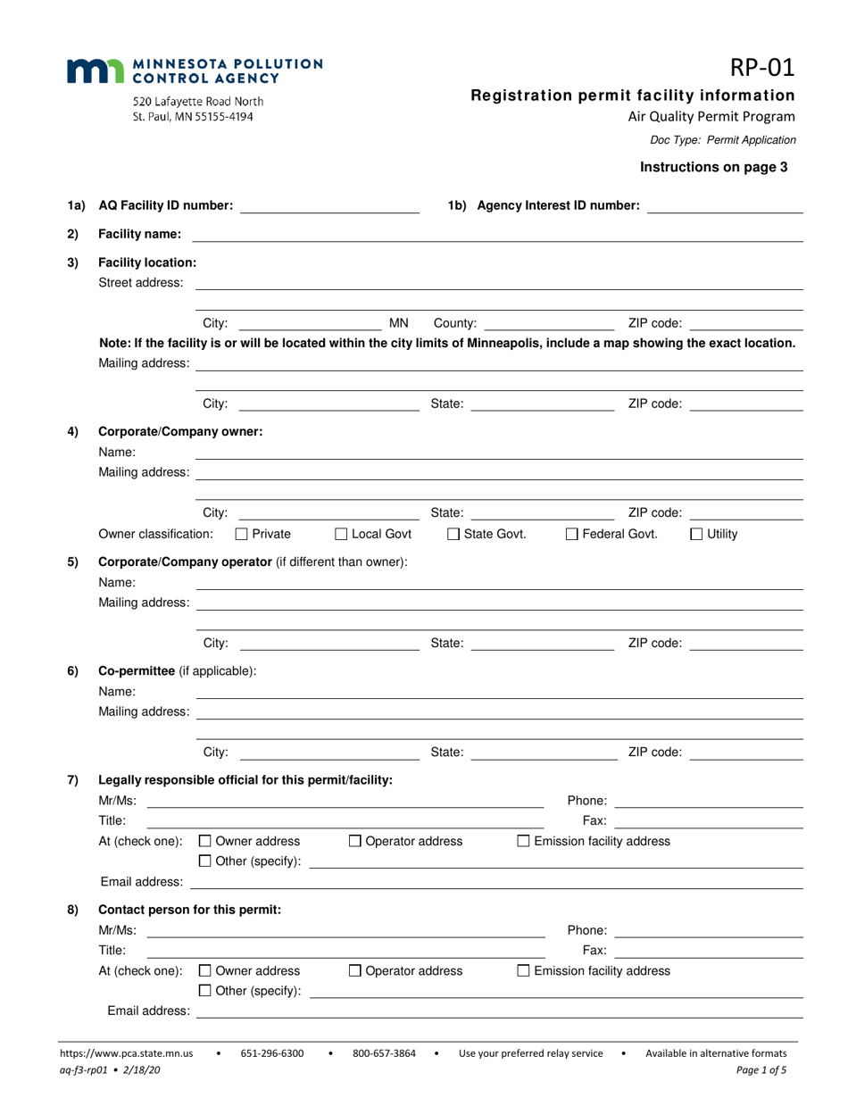 Form RP-01 Registration Permit Facility Information - Minnesota, Page 1
