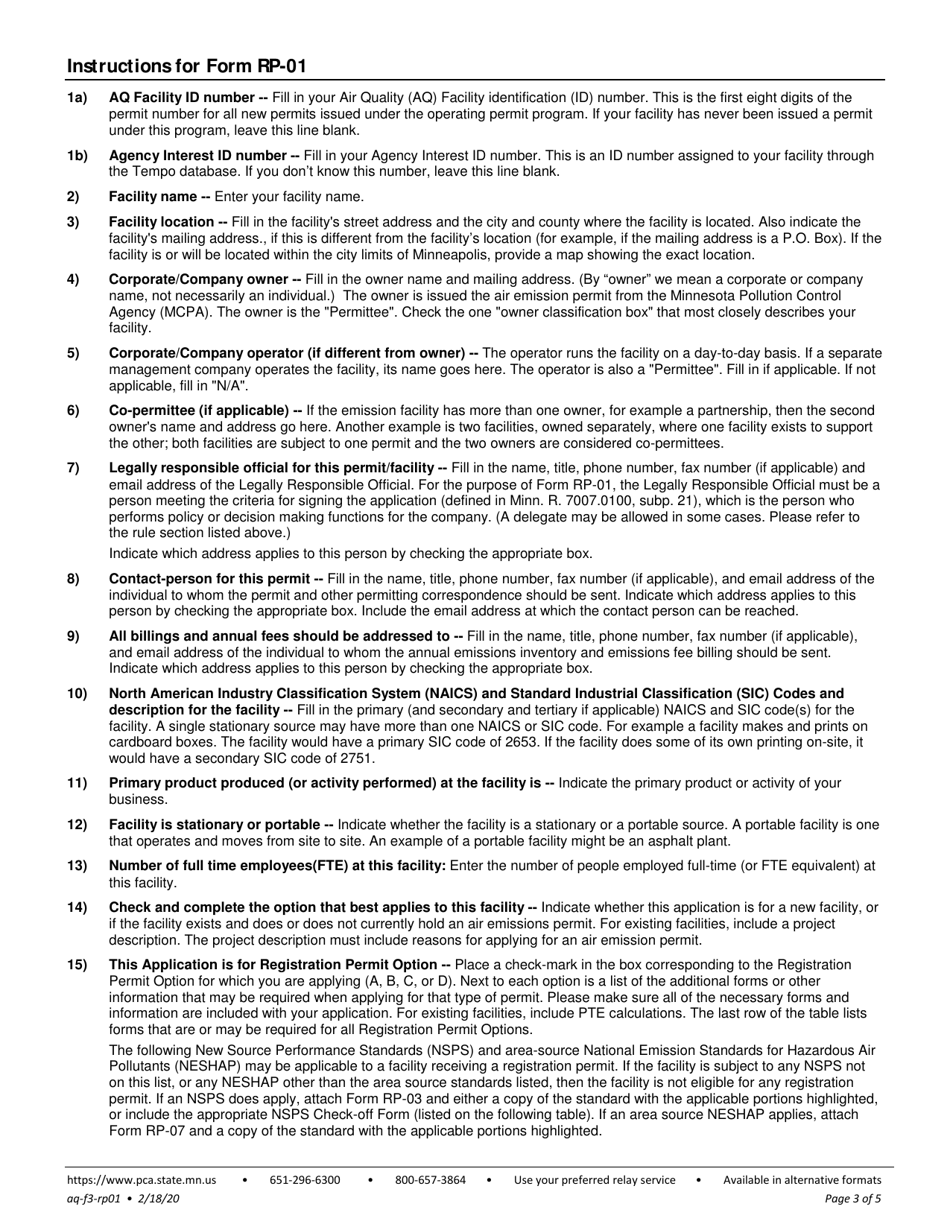 Form RP-01 Registration Permit Facility Information - Minnesota, Page 3