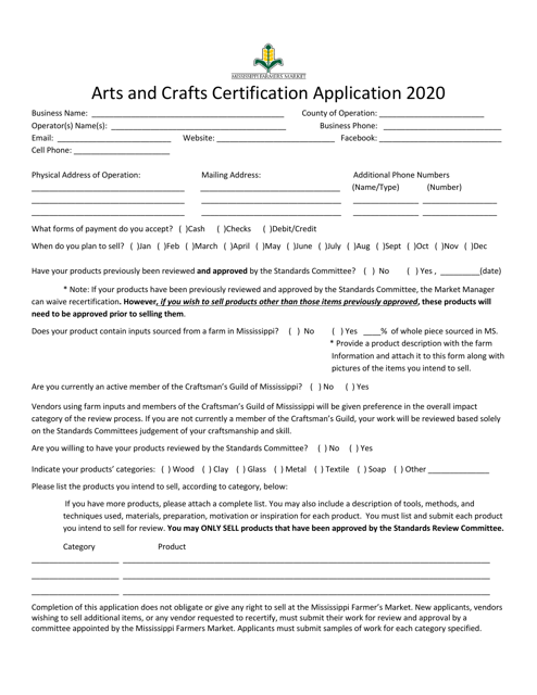 Arts and Crafts Certification Application - Mississippi Download Pdf