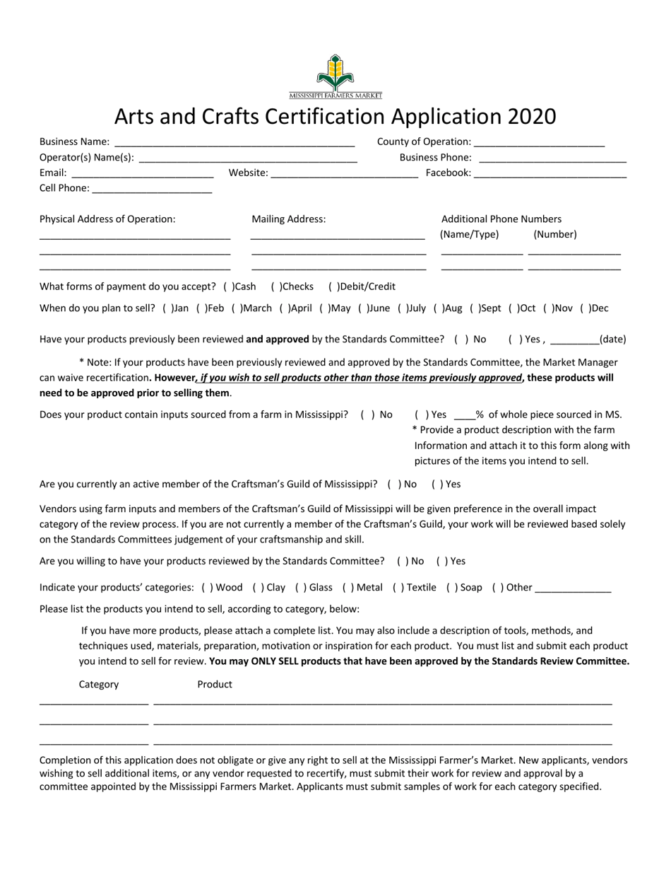 Arts and Crafts Certification Application - Mississippi, Page 1