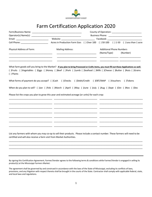 Farm Certification Application - Mississippi Download Pdf