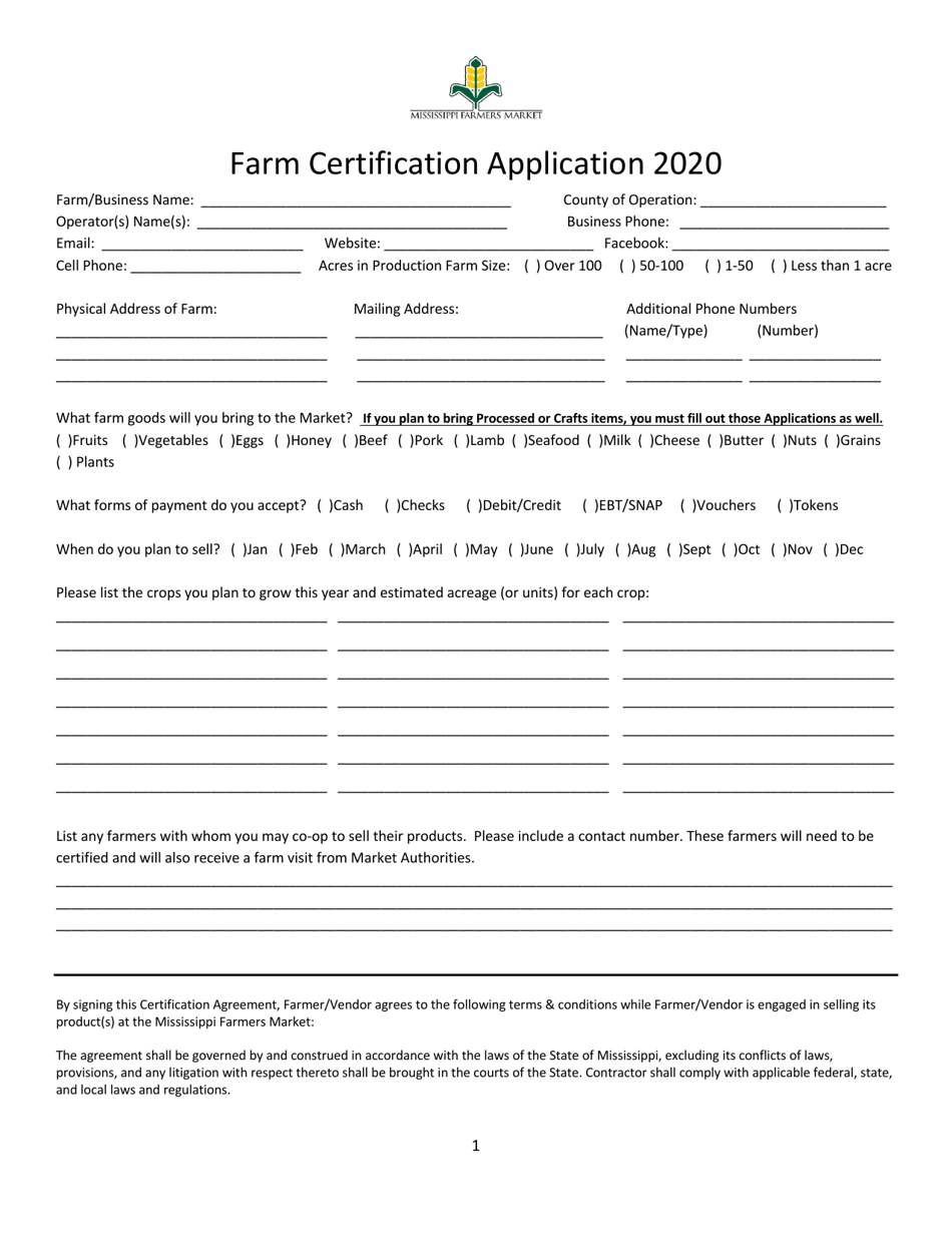 2020 Mississippi Farm Certification Application Fill Out Sign Online