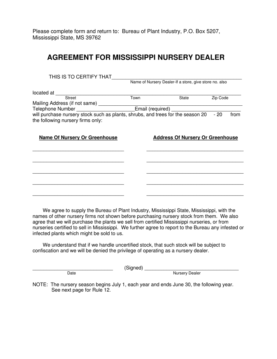 Agreement for Mississippi Nursery Dealer - Mississippi, Page 1