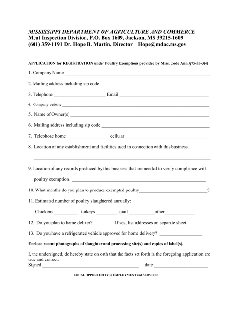 Application for Registration Under Poultry Exemptions Provided by Miss. Code Ann. 75-33-3(4) - Mississippi Download Pdf