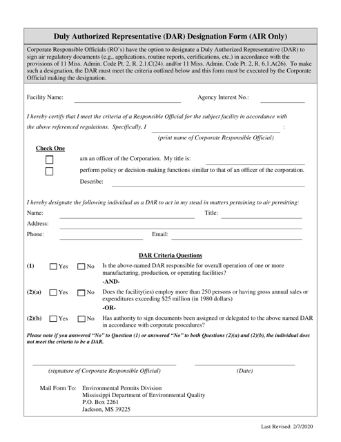 Duly Authorized Representative (Dar) Designation Form (Air Only) - Mississippi Download Pdf