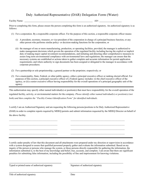 "Duly Authorized Representative (Dar) Delegation Form (Water)" - Mississippi Download Pdf