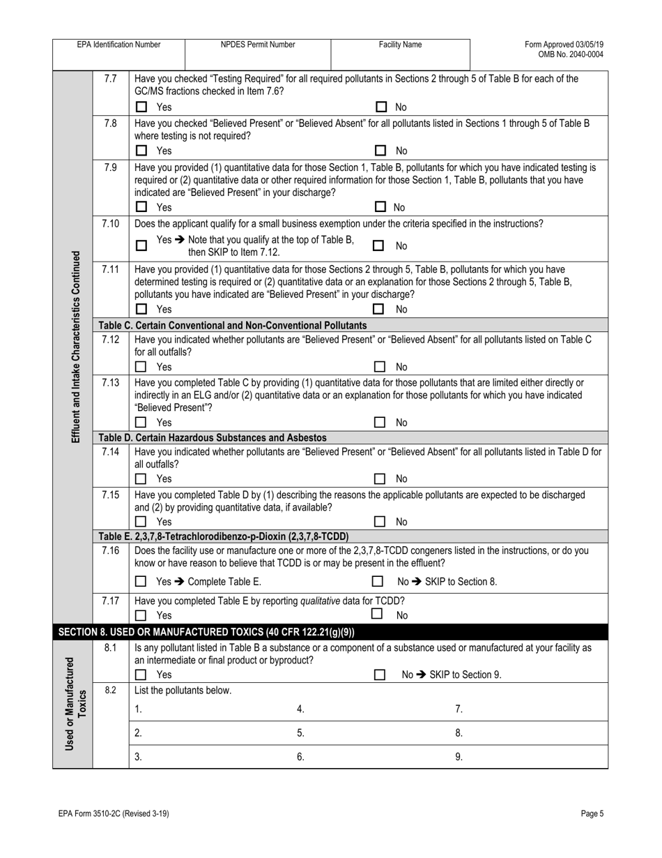 NPDES Form 2C (EPA Form 3510-2C) Application for Npdes Permit to Discharge Wastewater Existing Manufacturing, Commercial, Mining, and Silviculture Operations, Page 19