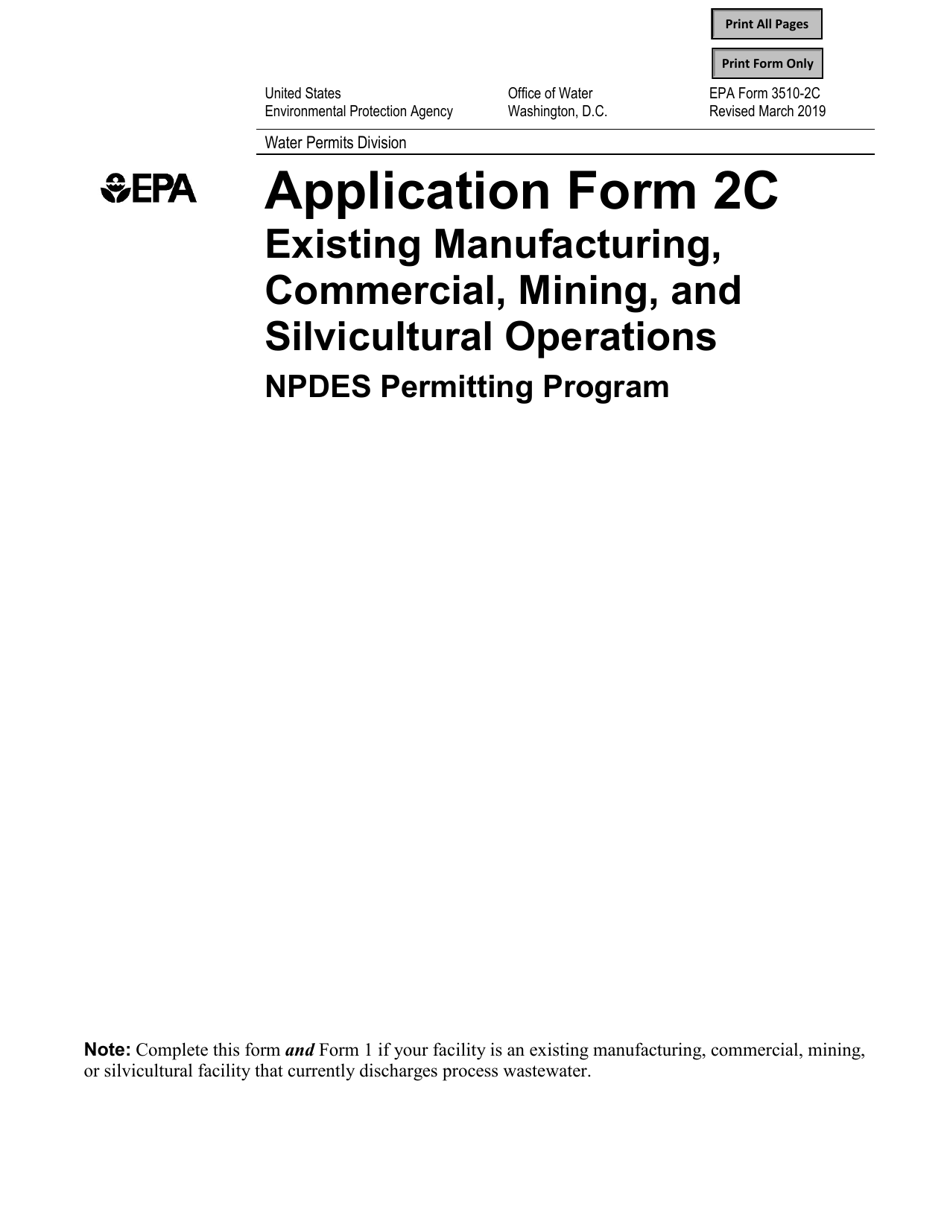 NPDES Form 2C (EPA Form 3510-2C) Application for Npdes Permit to Discharge Wastewater Existing Manufacturing, Commercial, Mining, and Silviculture Operations, Page 1