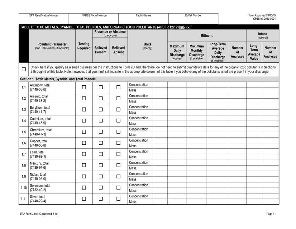 NPDES Form 2C (EPA Form 3510-2C) Application for Npdes Permit to Discharge Wastewater Existing Manufacturing, Commercial, Mining, and Silviculture Operations, Page 25