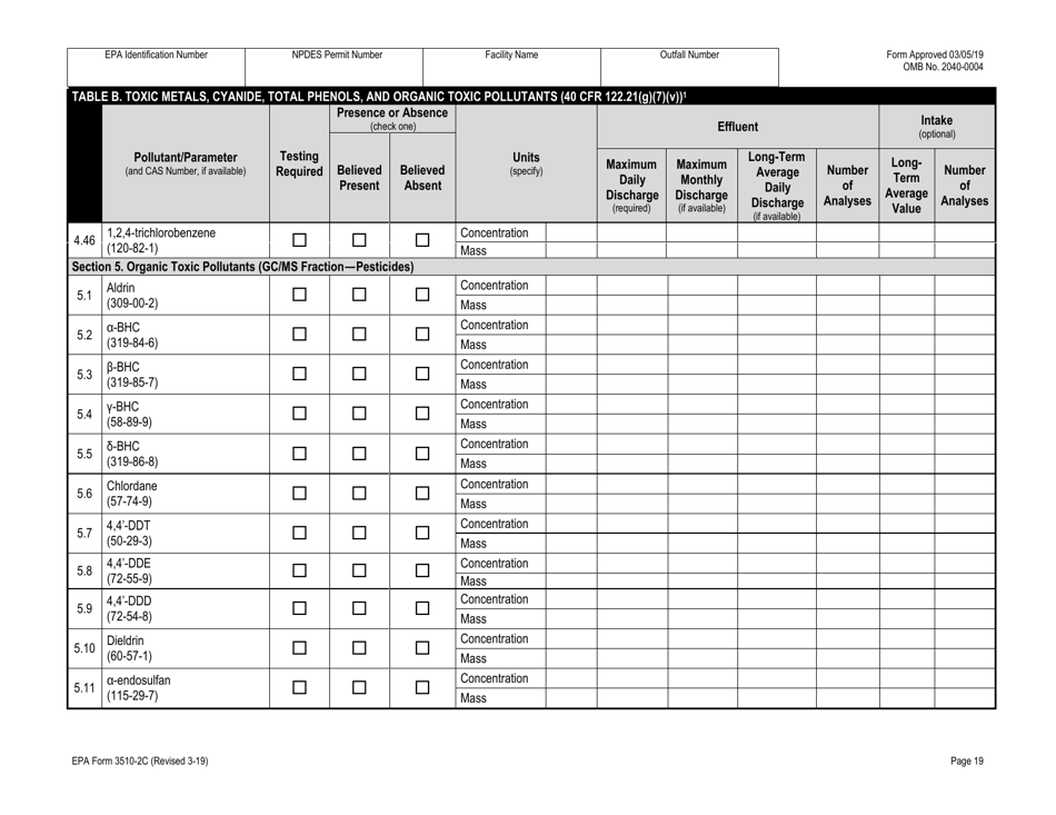 NPDES Form 2C (EPA Form 3510-2C) Application for Npdes Permit to Discharge Wastewater Existing Manufacturing, Commercial, Mining, and Silviculture Operations, Page 33