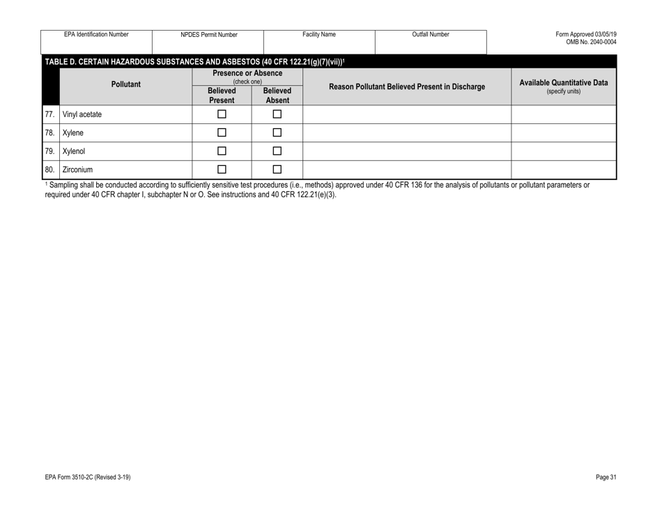 NPDES Form 2C (EPA Form 3510-2C) Application for Npdes Permit to Discharge Wastewater Existing Manufacturing, Commercial, Mining, and Silviculture Operations, Page 45