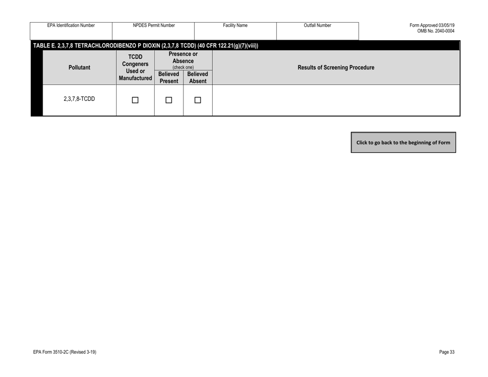 NPDES Form 2C (EPA Form 3510-2C) Application for Npdes Permit to Discharge Wastewater Existing Manufacturing, Commercial, Mining, and Silviculture Operations, Page 47