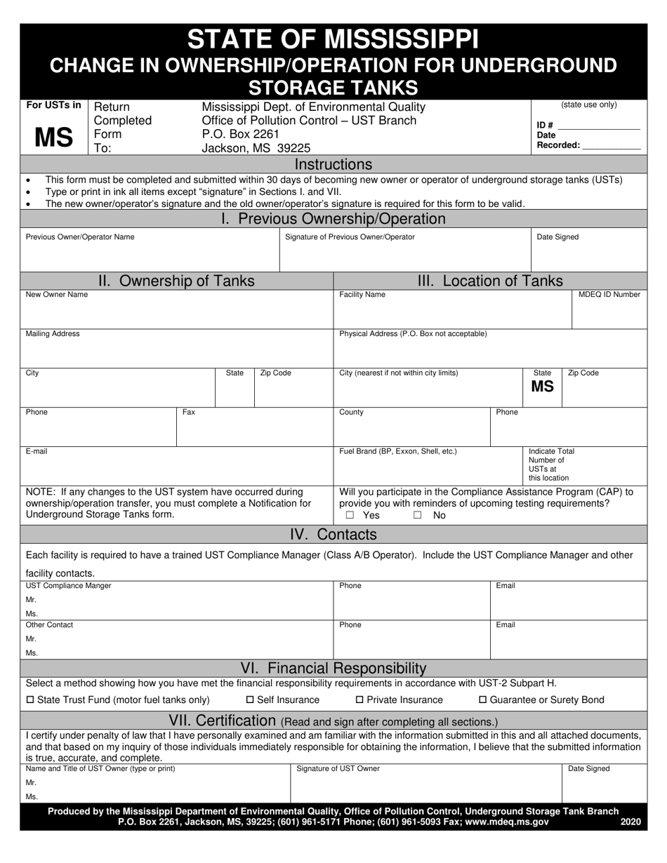 2020 Mississippi Change in Ownership/Operation for Underground Storage