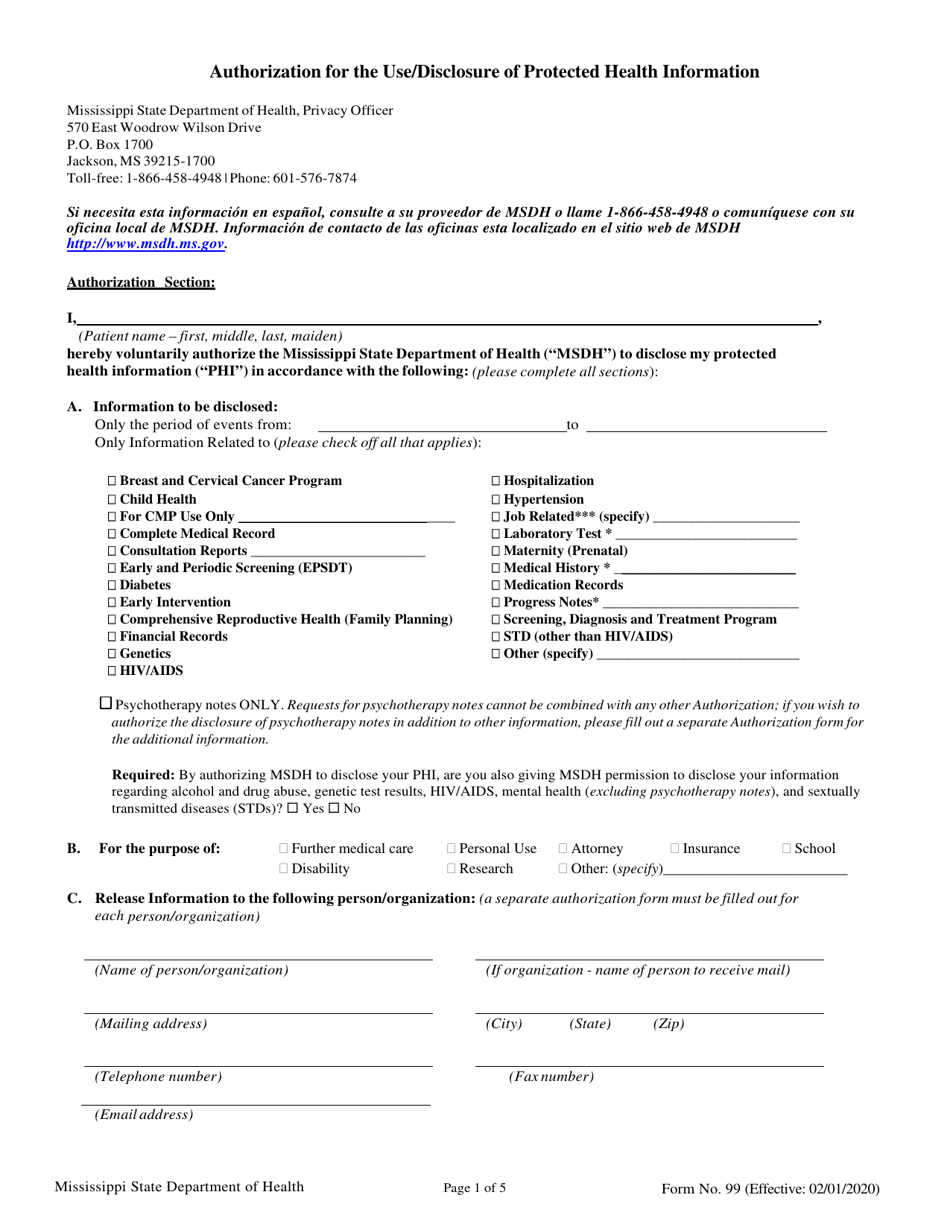 Form 99 Authorization for the Use / Disclosure of Protected Health Information - Mississippi, Page 1