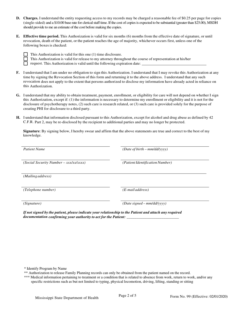 Form 99 Authorization for the Use / Disclosure of Protected Health Information - Mississippi, Page 2