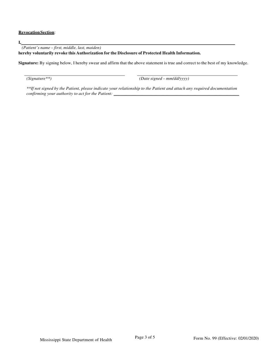 Form 99 Authorization for the Use / Disclosure of Protected Health Information - Mississippi, Page 3
