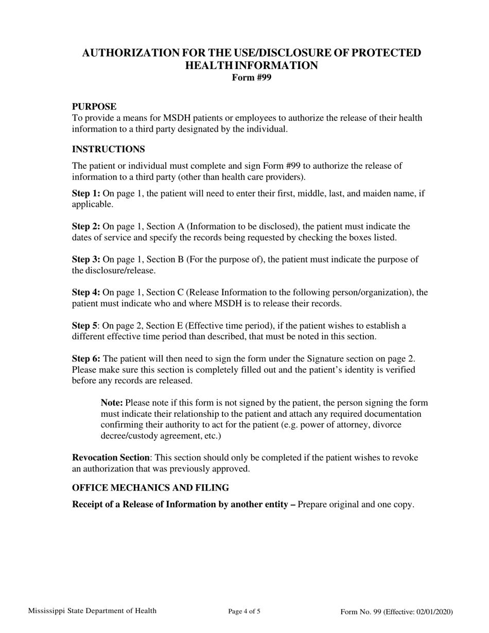 Form 99 Authorization for the Use / Disclosure of Protected Health Information - Mississippi, Page 4