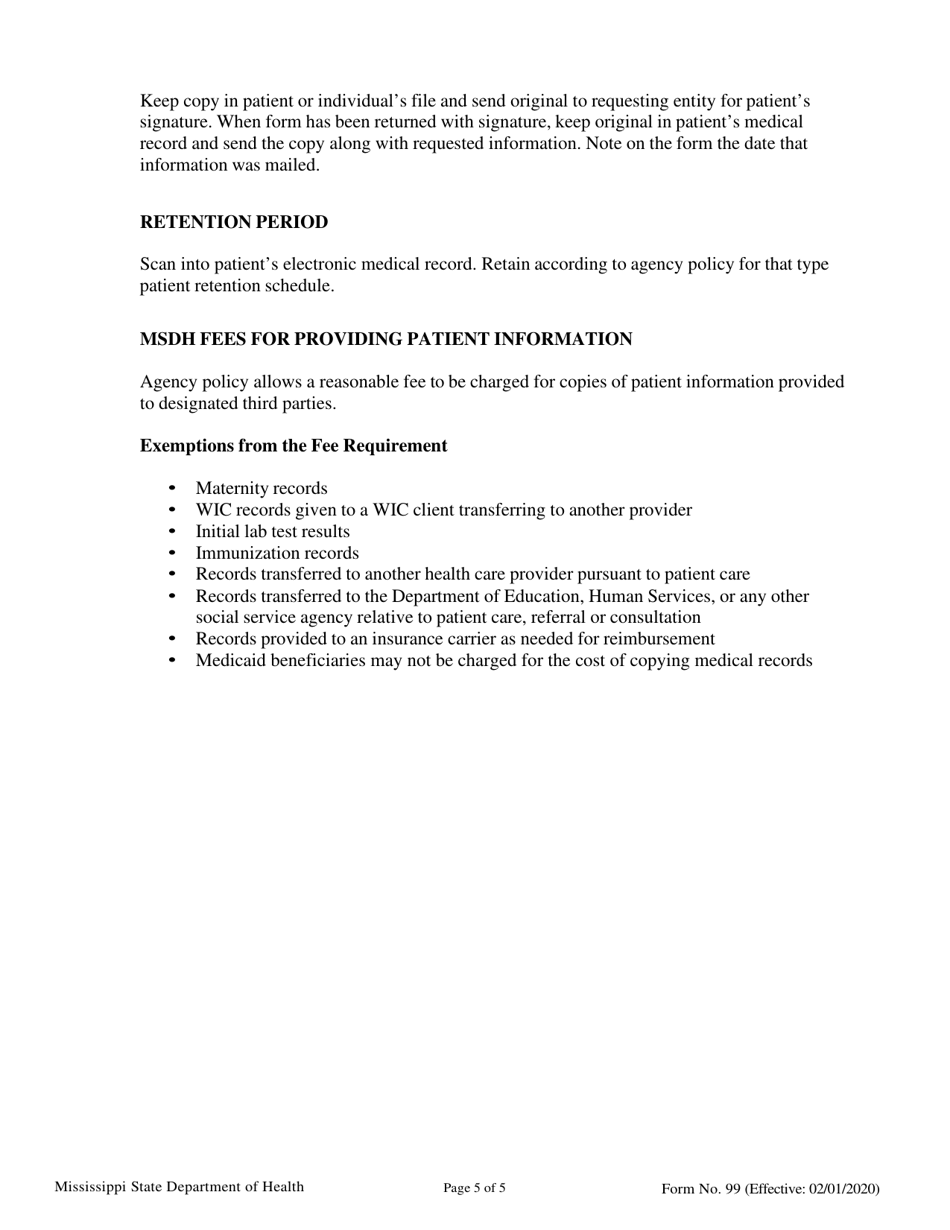 Form 99 Authorization for the Use / Disclosure of Protected Health Information - Mississippi, Page 5