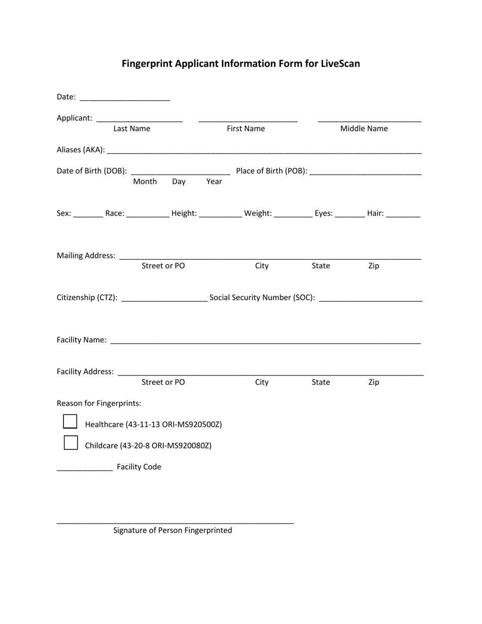 Fingerprint Applicant Information Form for Livescan - Mississippi, Page 1