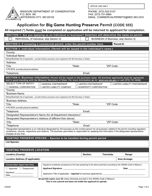 Application for Big Game Hunting Preserve Permit (Code 555) - Missouri