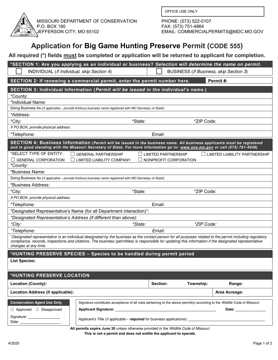 Application for Big Game Hunting Preserve Permit (Code 555) - Missouri, Page 1