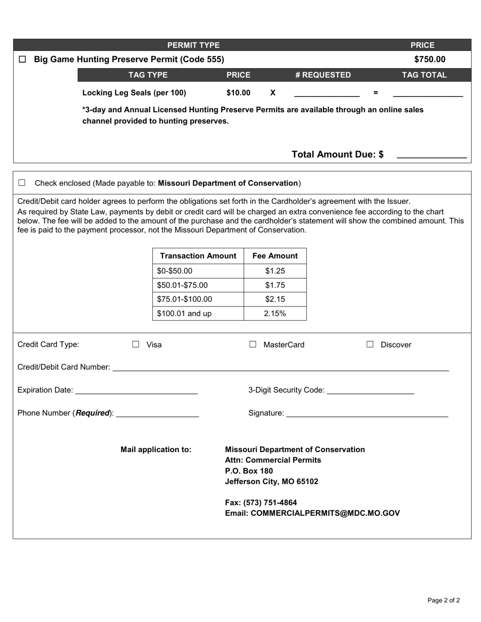 Application for Big Game Hunting Preserve Permit (Code 555) - Missouri, Page 2