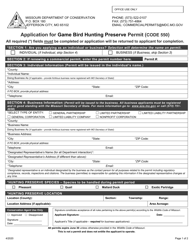Application for Game Bird Hunting Preserve Permit (Code 550) - Missouri