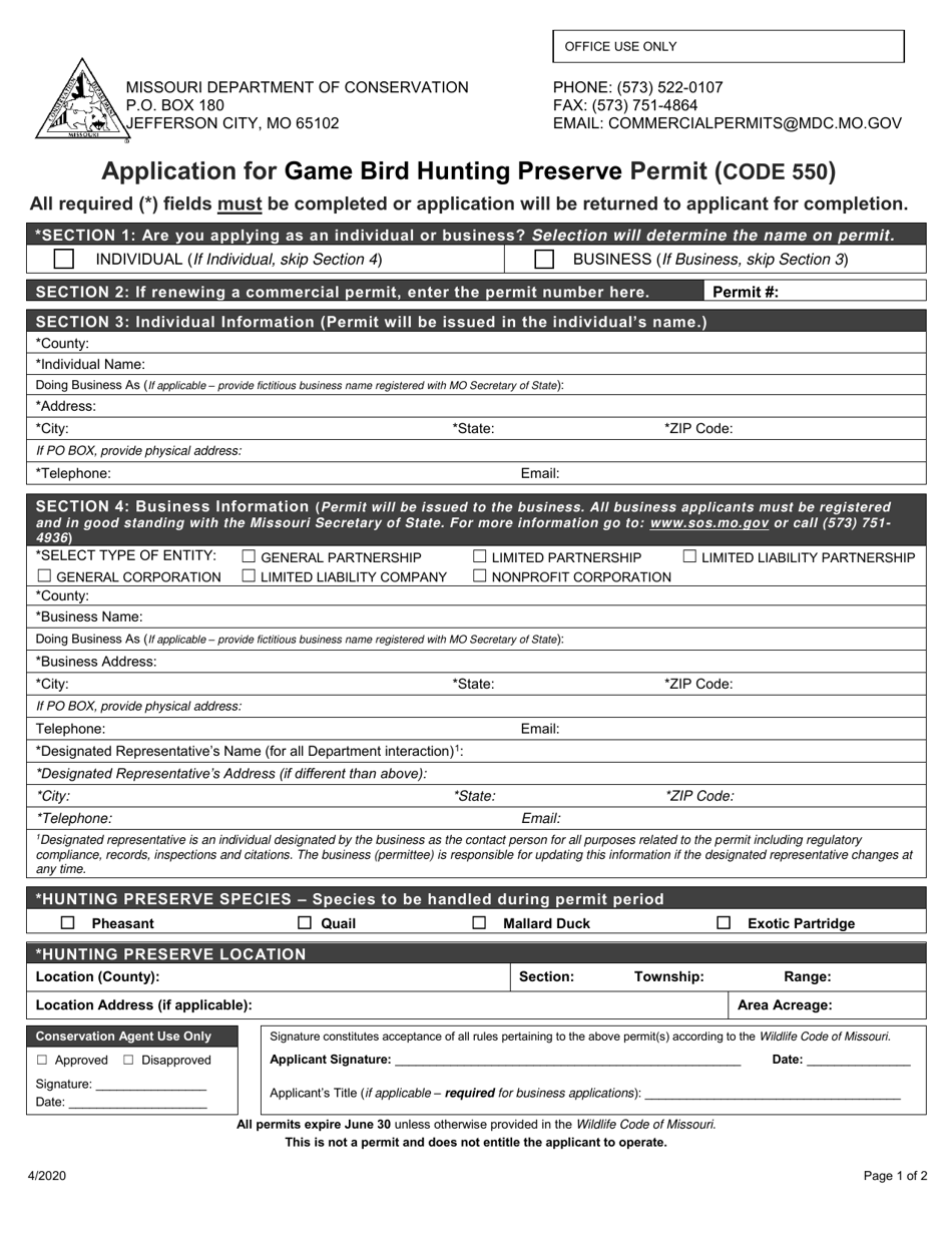 Application for Game Bird Hunting Preserve Permit (Code 550) - Missouri, Page 1