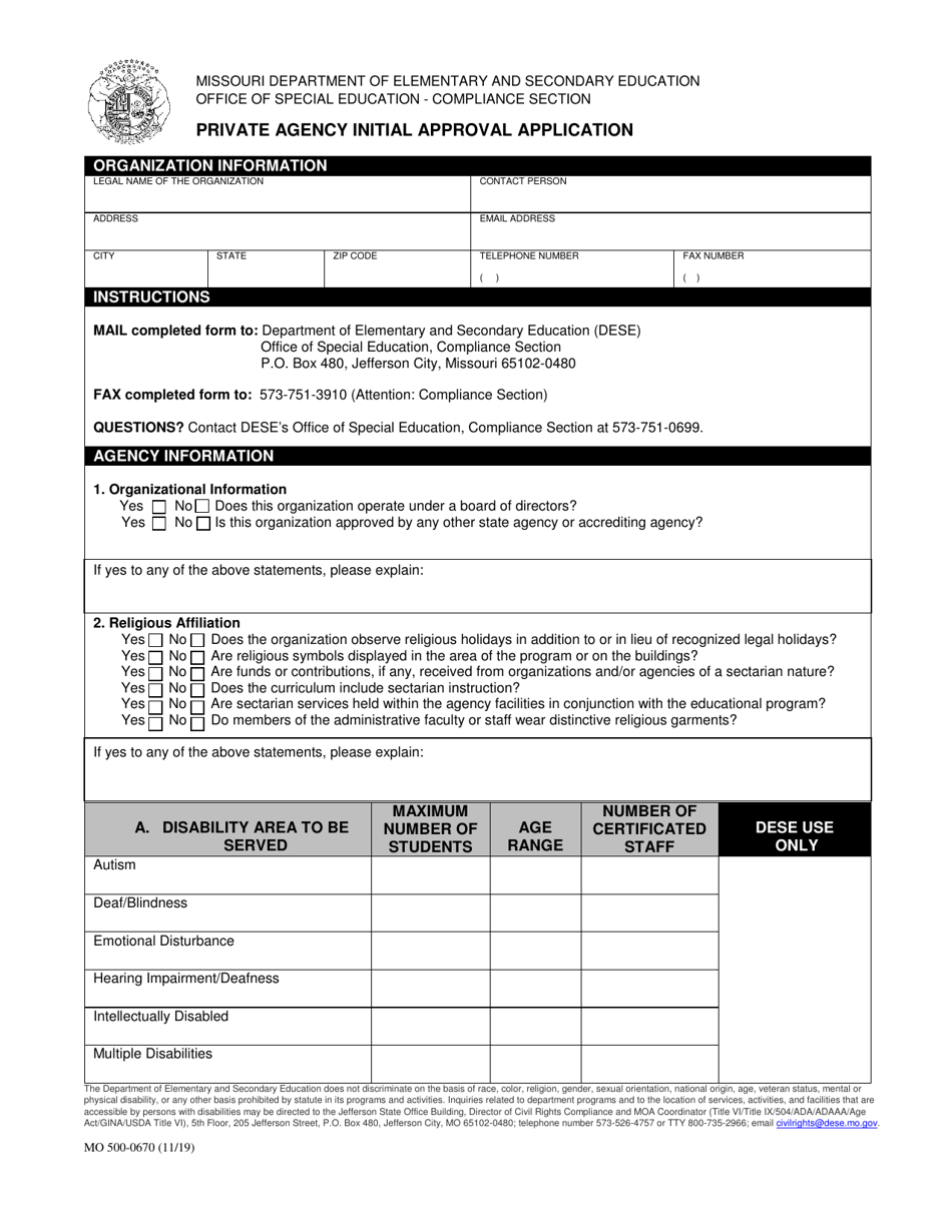 Form MO500-0670 Private Agency Initial Approval Application - Missouri, Page 1