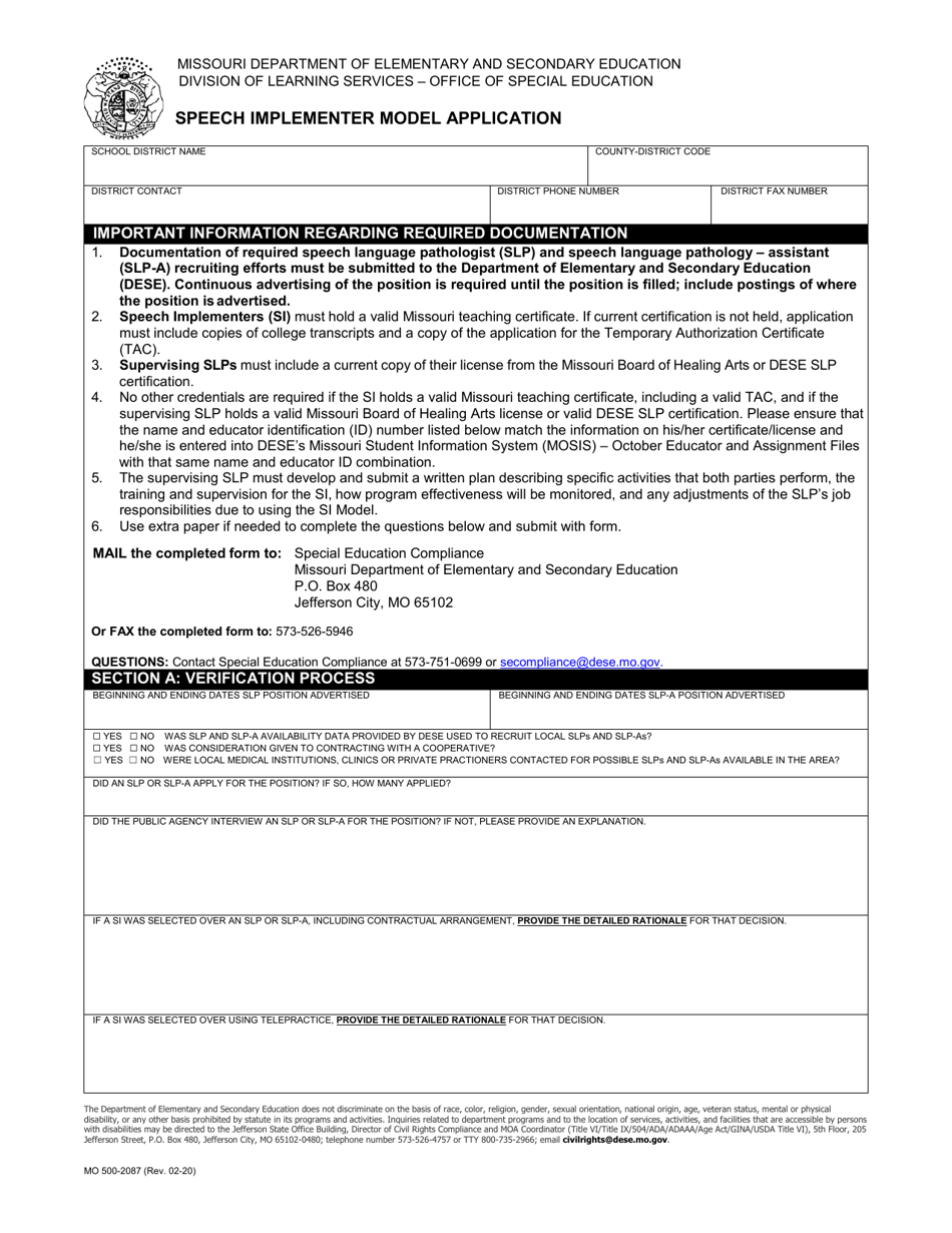 Form MO500-2087 Speech Implementer Model Application - Missouri, Page 1