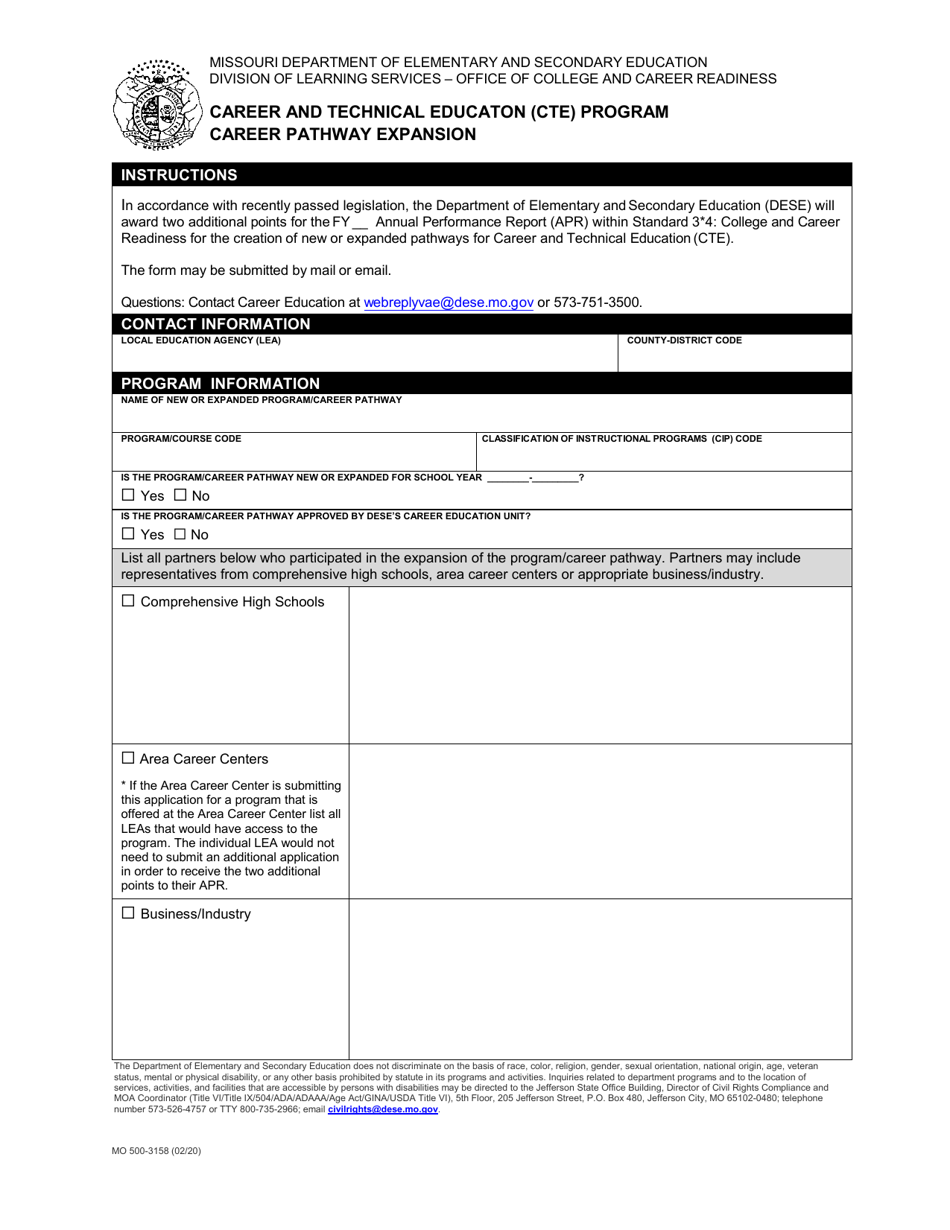 Form MO500-3158 Career and Technical Educaton (Cte) Program Career Pathway Expansion - Missouri, Page 1