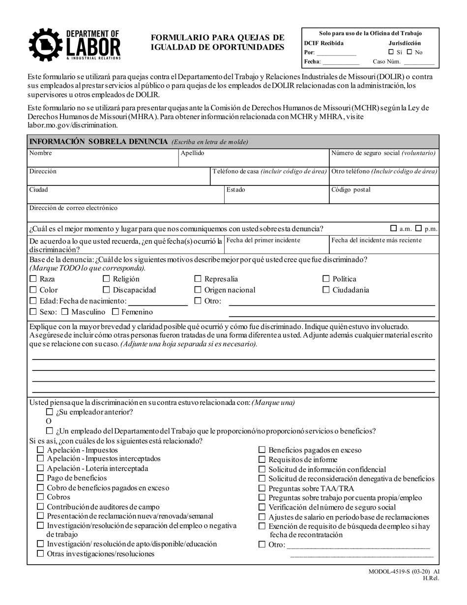 Formulario MODOL-4519-S Formulario Para Quejas De Igualdad De Oportunidades - Missouri (Spanish), Page 1