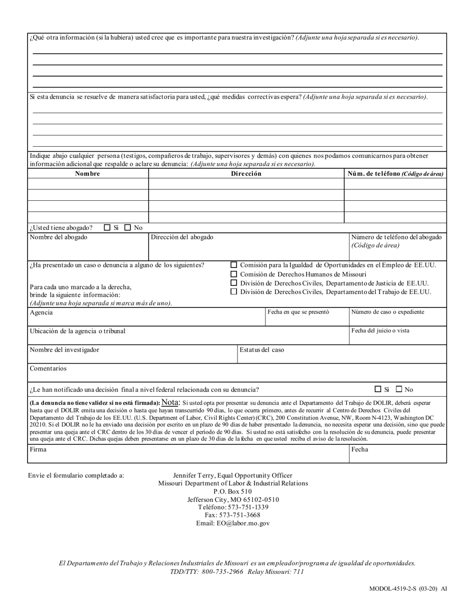 Formulario MODOL-4519-S Formulario Para Quejas De Igualdad De Oportunidades - Missouri (Spanish), Page 2