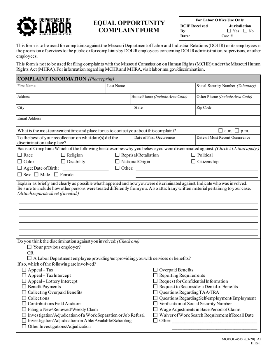 Form MODOL-4519 Equal Opportunity Complaint Form - Missouri, Page 1