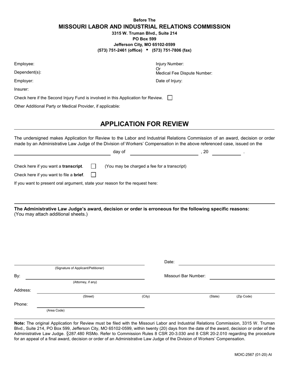 Form MOIC-2567 Application for Review - Missouri, Page 1