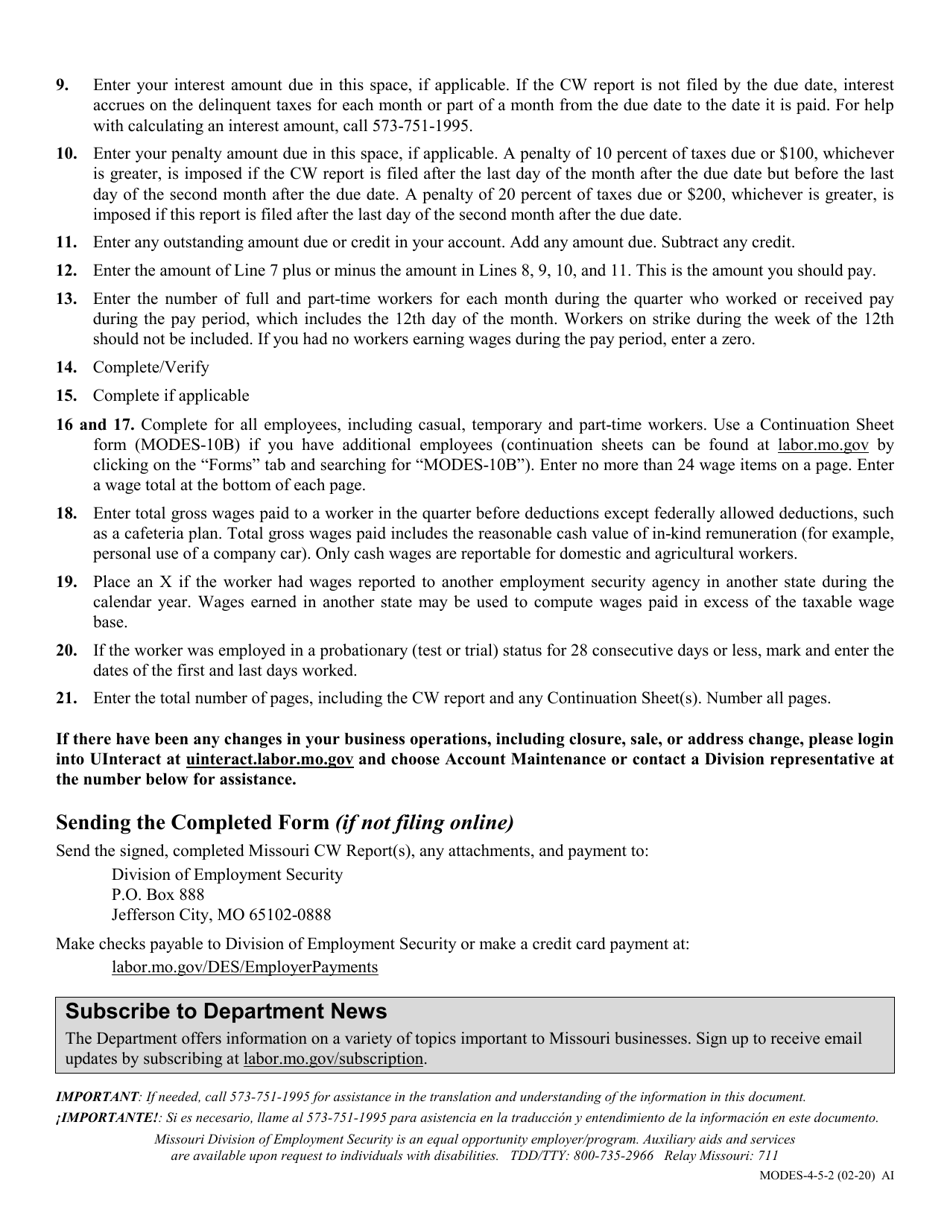 Instructions for Form MODES-4 Quarterly Contribution and Wage Report - Missouri, Page 2