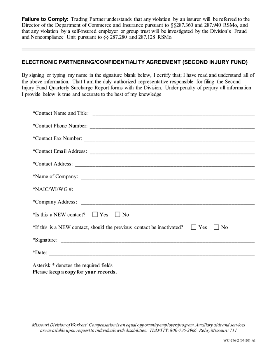 Form WC-276 Electronic Partnering / Confidentiality Agreement (Second Injury Fund Surcharge) - Missouri, Page 2