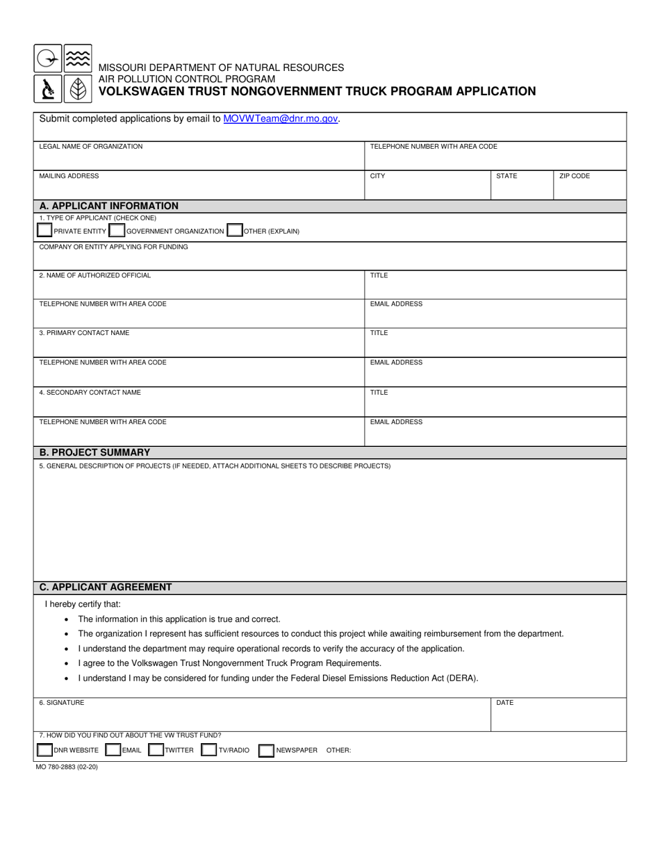 Form MO780-2883 Volkswagen Trust Nongovernment Truck Program Application - Missouri, Page 1