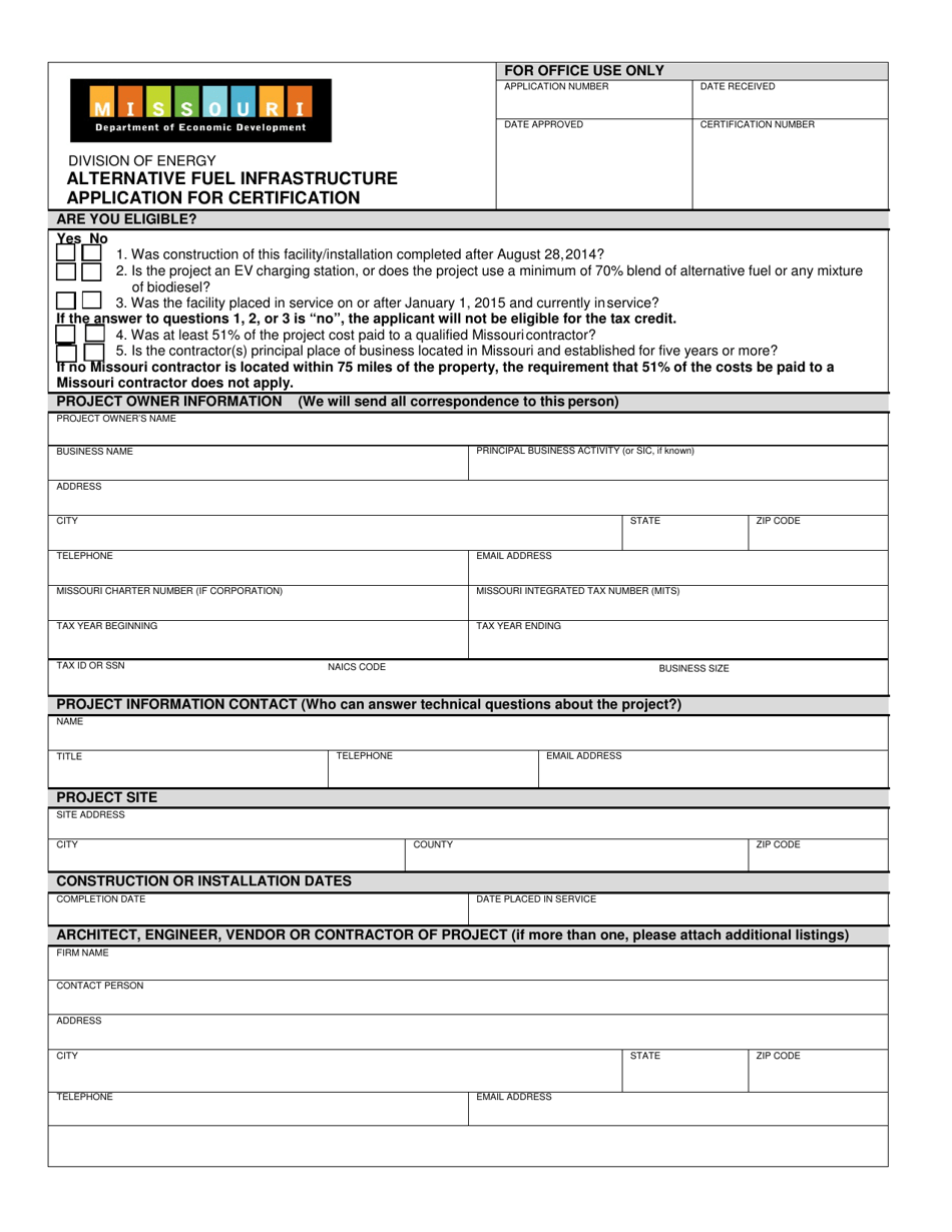 Form EE-15-053 Alternative Fuel Infrastructure Application for Certification - Missouri, Page 1